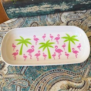 Flamingo Palm Serving Tray White Melamine Platter Tropical Pink Green 12 Inch
